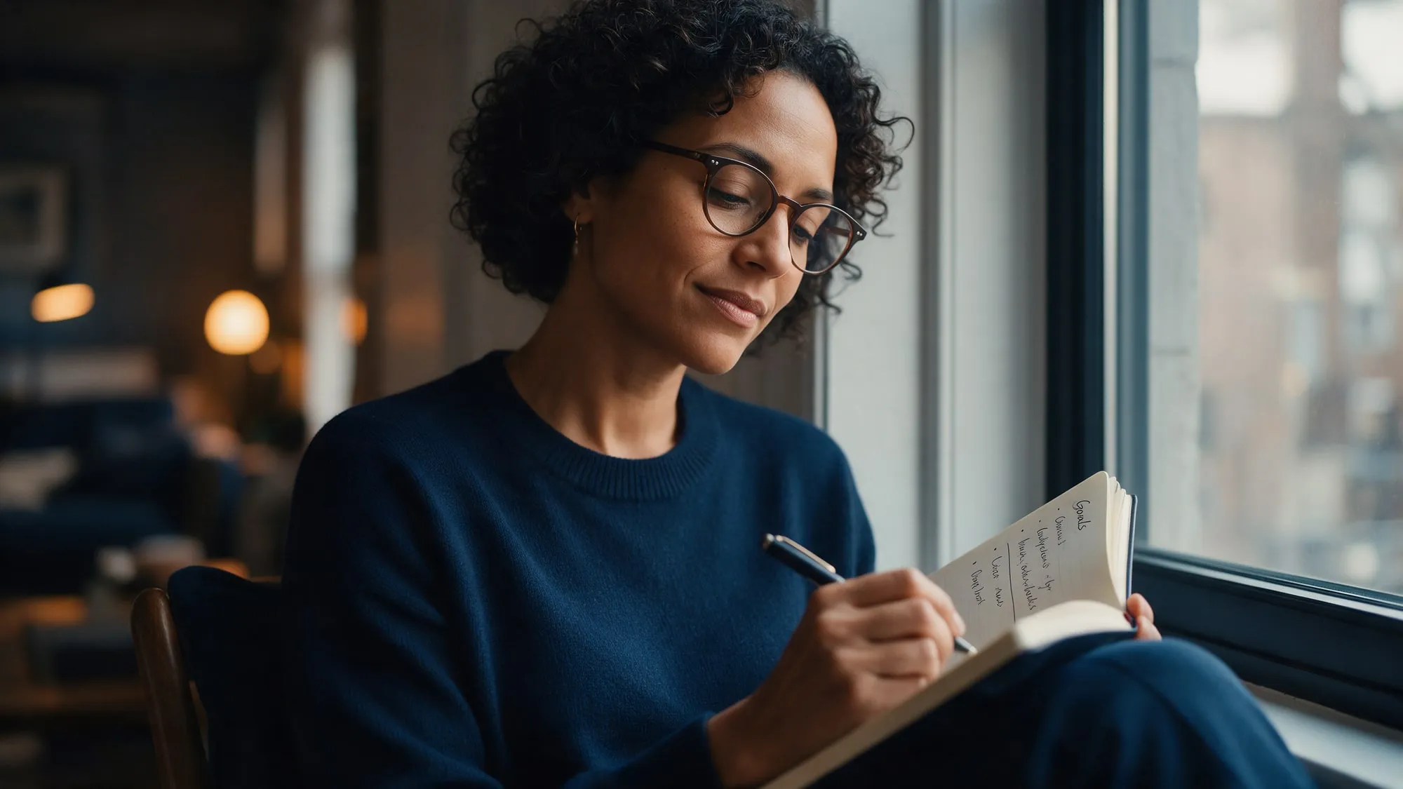 Pessoa escrevendo metas em um caderno perto de uma janela, com expressão tranquila