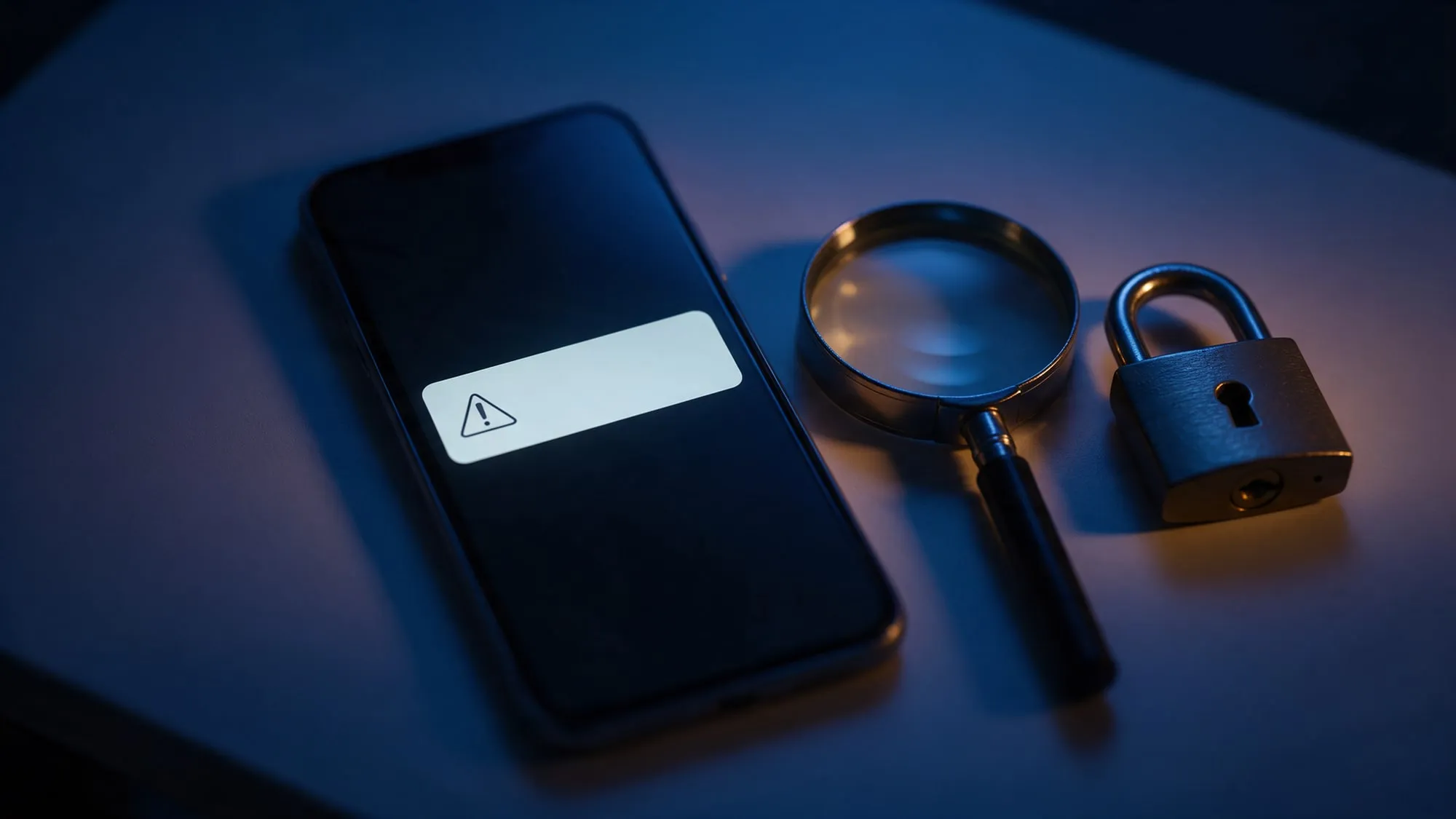 Celular sobre a mesa com notificação de alerta, ao lado de uma lupa e um cadeado