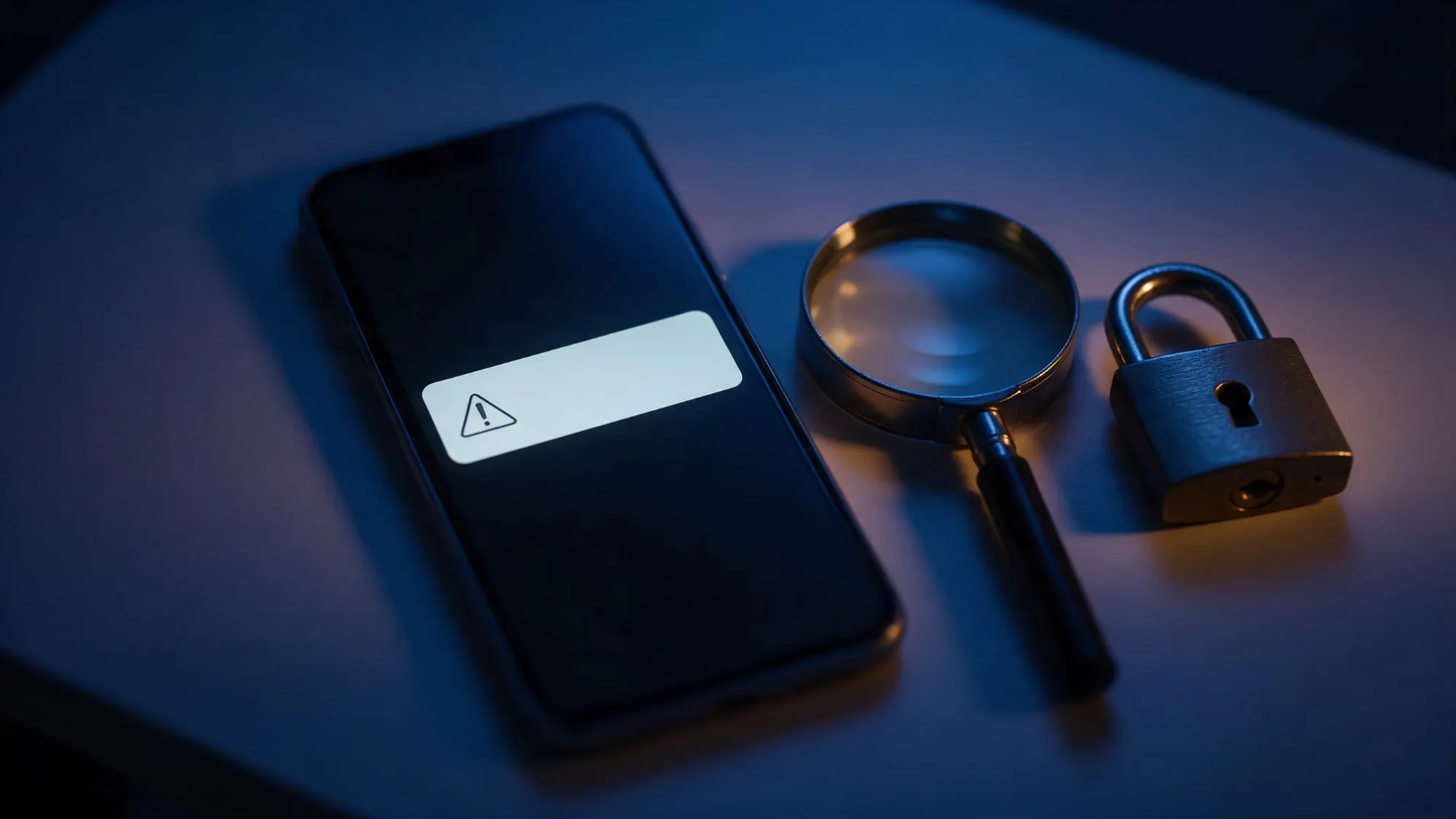 Celular sobre a mesa com notificação de alerta, ao lado de uma lupa e um cadeado