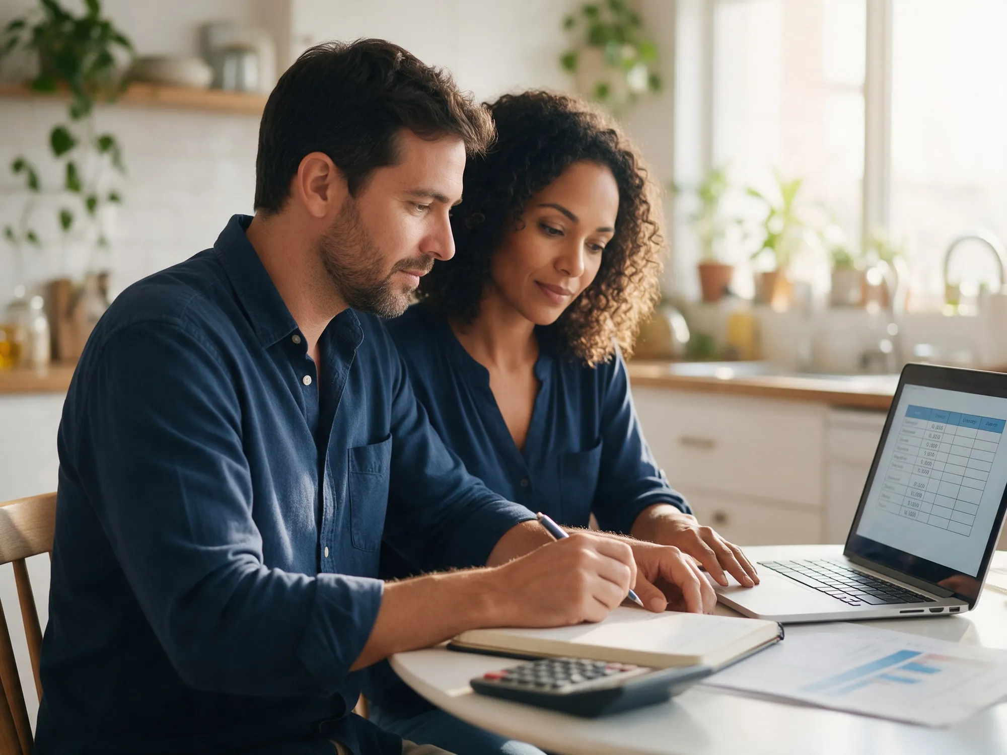 Casal planejando as finanças da família em casa, com caderno, calculadora e notebook