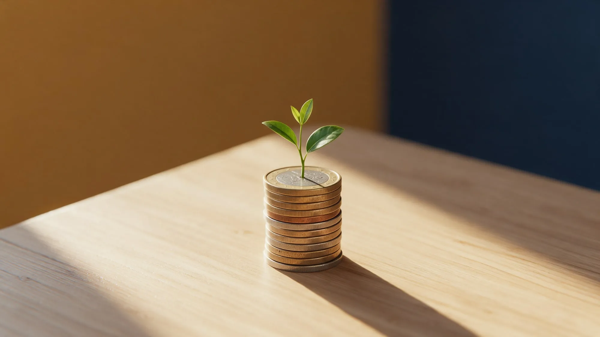 Pequena planta brotando de uma pilha de moedas sobre uma mesa de madeira