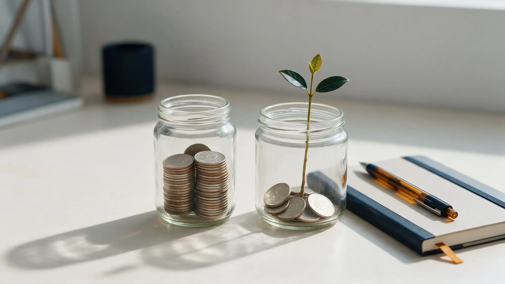 Dois potes de vidro com moedas e uma pequena muda de planta ao lado de um caderno