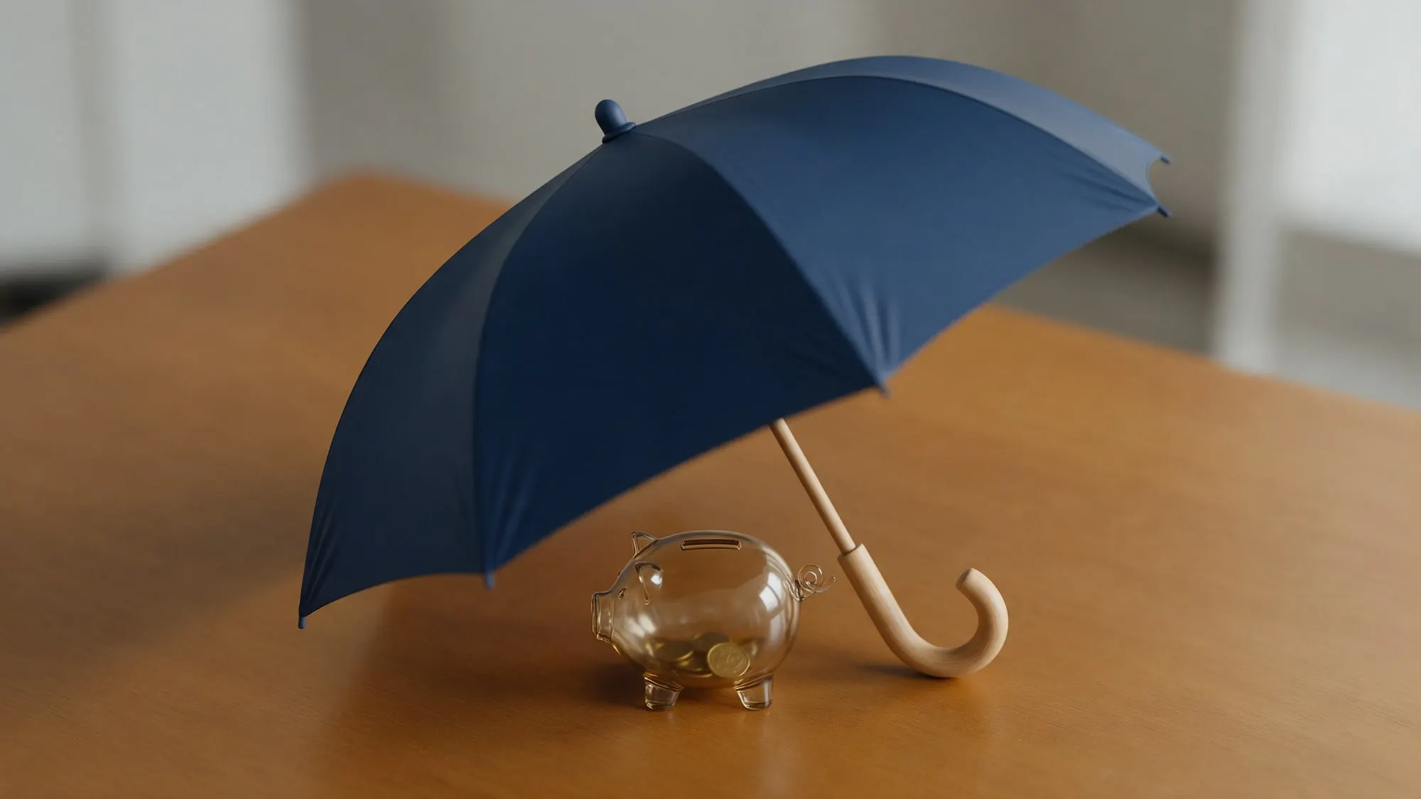 Guarda-chuva azul protegendo um pequeno cofrinho de vidro sobre uma mesa