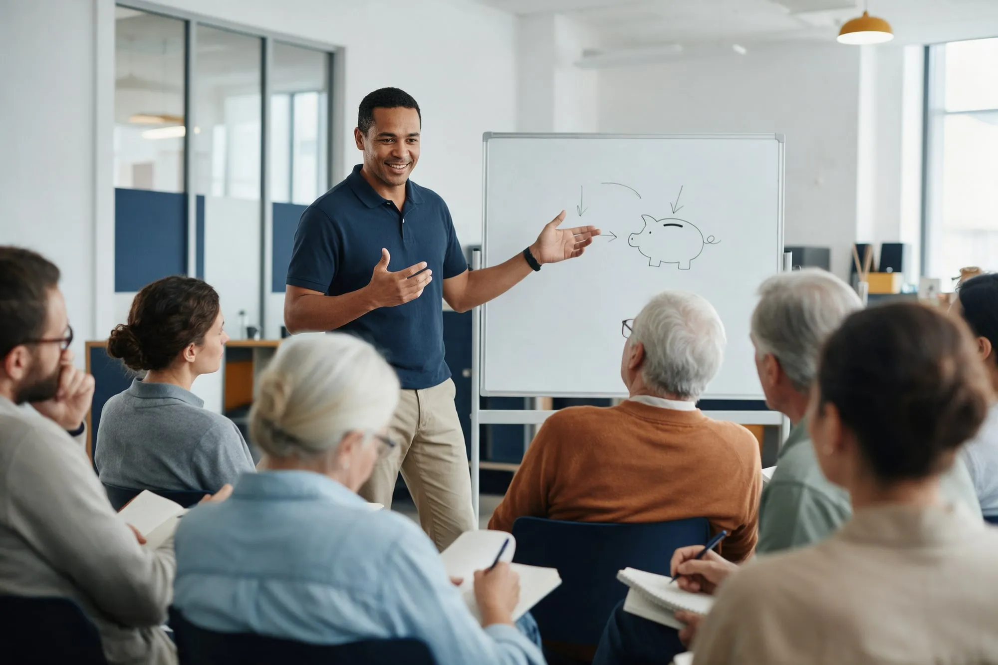 Instrutora explicando planejamento financeiro em um quadro branco para um pequeno grupo de alunos