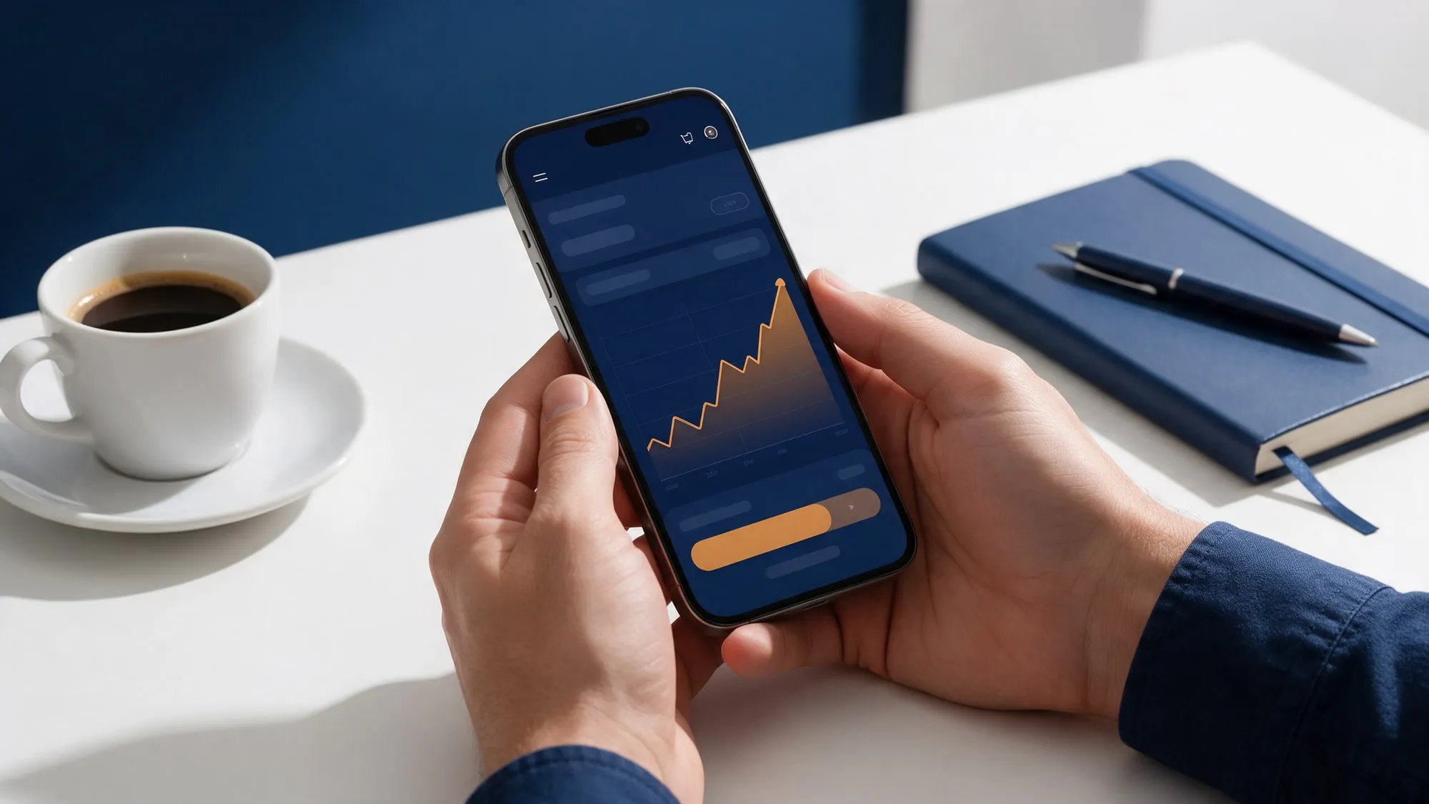 Mãos segurando um celular com um aplicativo de investimentos sobre uma mesa com café e caderno